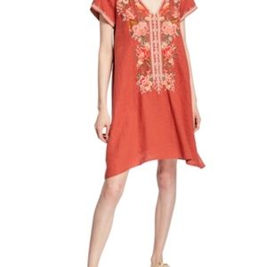 Johnny Was Paola Floral Embroidered Short-Sleeve Draped Linen Tunic Dress